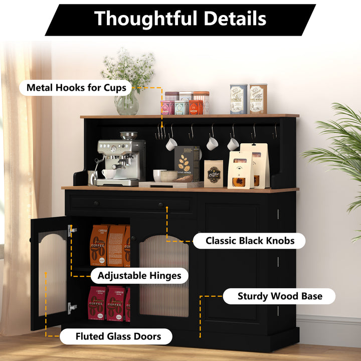HLR® 48" Farmhouse-Style Kitchen Pantry with Glass Doors & Drawer – Wood Coffee Bar Cabinet with Microwave Hutch for Living & Dining Rooms