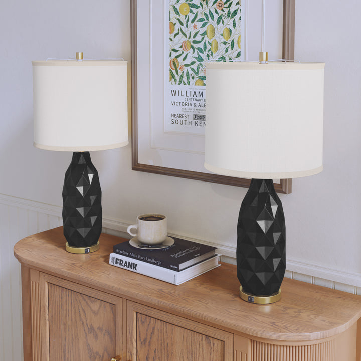HLR® Set of 2 Modern 3-Way Dimmable Table Lamps with LED Bulbs Included and USB Charging Port for Bedside and Living Room Use