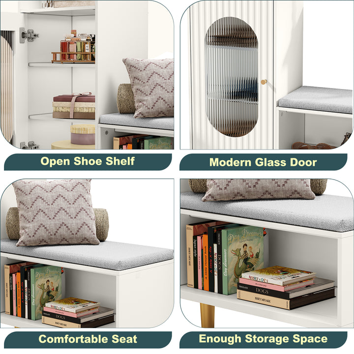 HLR® Modern Shoe Cabinet Bench – Glass Door, Shelf & Padded Seat – Multifunctional Storage for Entryway & Hallway
