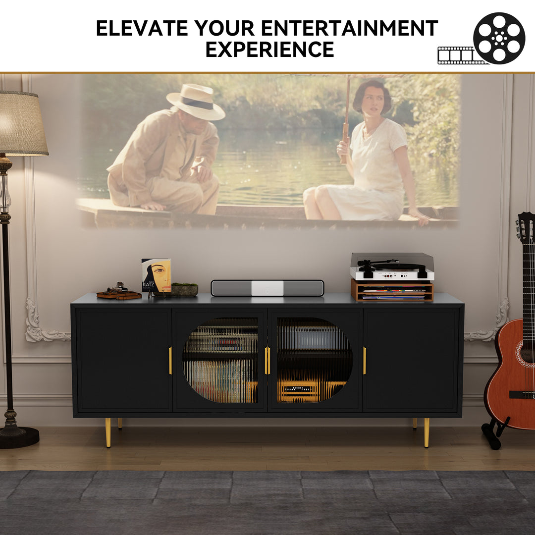 HLR® Modern TV Stand for TVs Up to 70" with Glass-Door Console & Gold Legs – Wooden Entertainment Center for Living & Bedroom