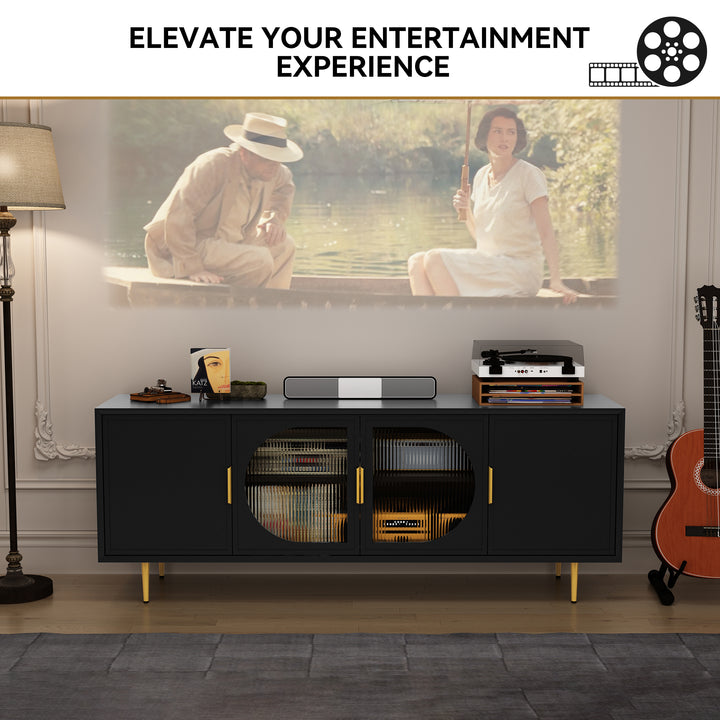 HLR® Modern TV Stand for TVs Up to 70" with Glass-Door Console & Gold Legs – Wooden Entertainment Center for Living & Bedroom