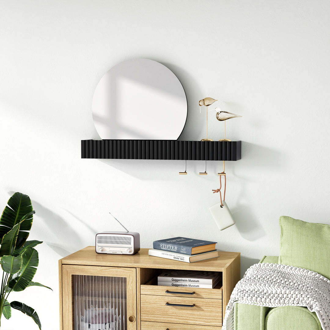 HLR® Round Wall Mirror with Shelf & Hooks – Functional Decor for Bathroom, Entryway, Bedroom & Living Room