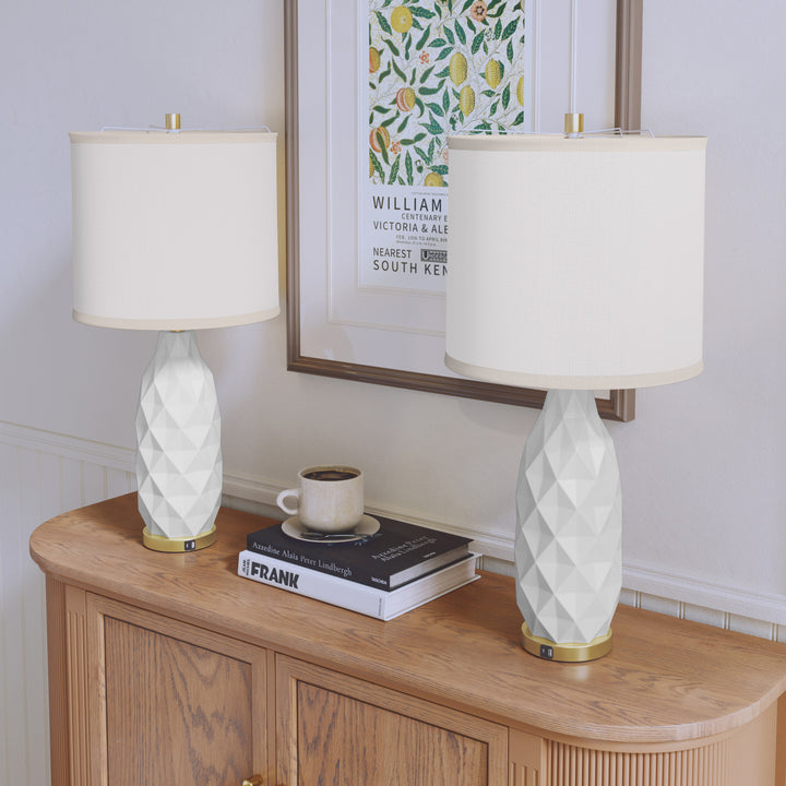 HLR® Set of 2 Modern 3-Way Dimmable Table Lamps with LED Bulbs Included and USB Charging Port for Bedside and Living Room Use