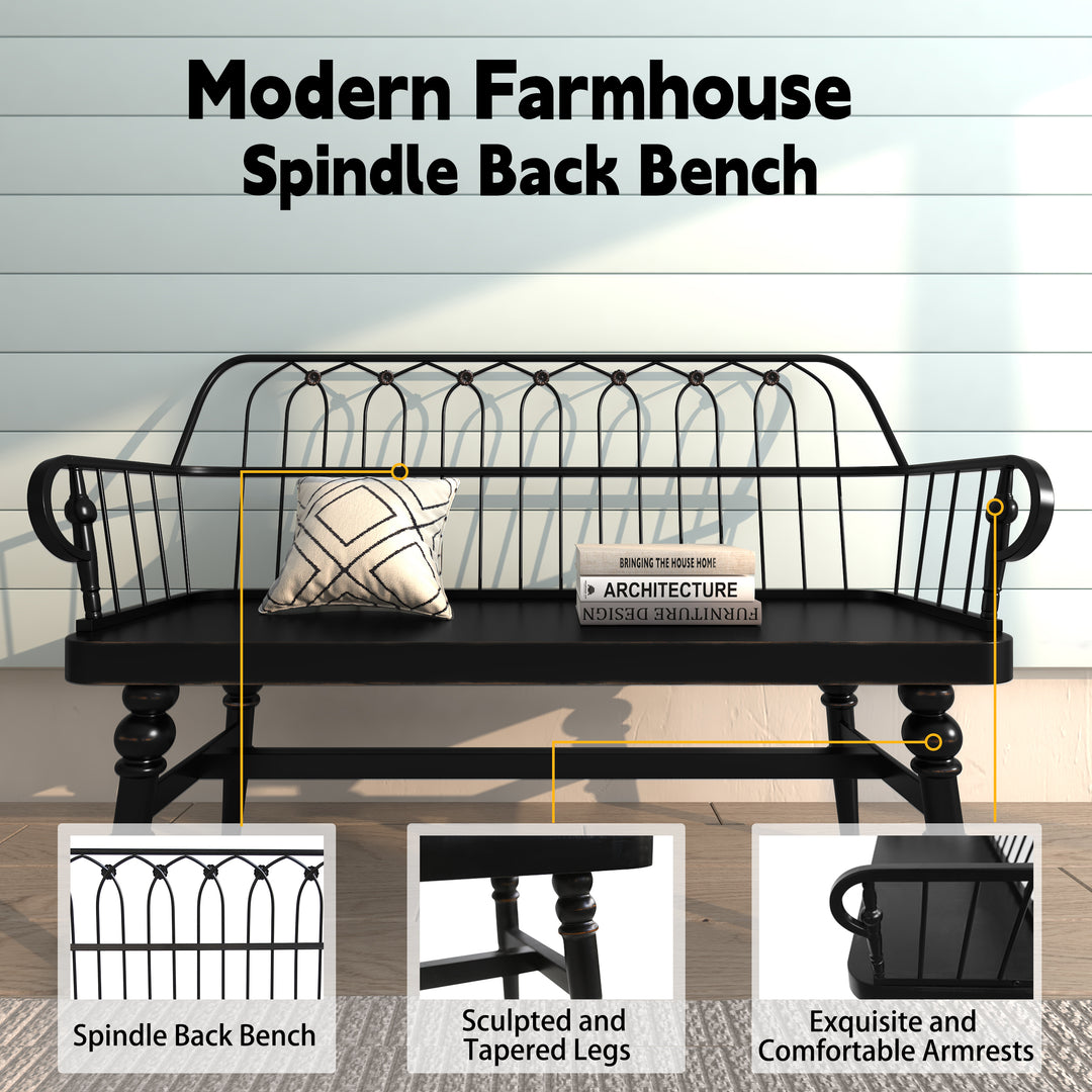 HLR® Mid-Century Modern Entryway Bench – Metal Frame with Solid Wood Legs | Industrial Hallway Seating with Retro Charm