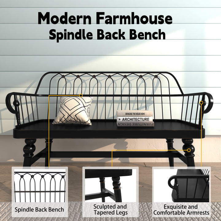 HLR® Mid-Century Modern Entryway Bench – Metal Frame with Solid Wood Legs | Industrial Hallway Seating with Retro Charm