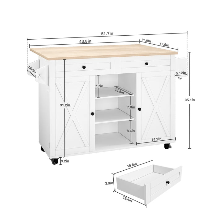 HLR® Rolling Kitchen Island with Drop-Leaf Countertop & Barn Door Design – Mobile Cart with Storage Cabinet & Tower Rack for Kitchen
