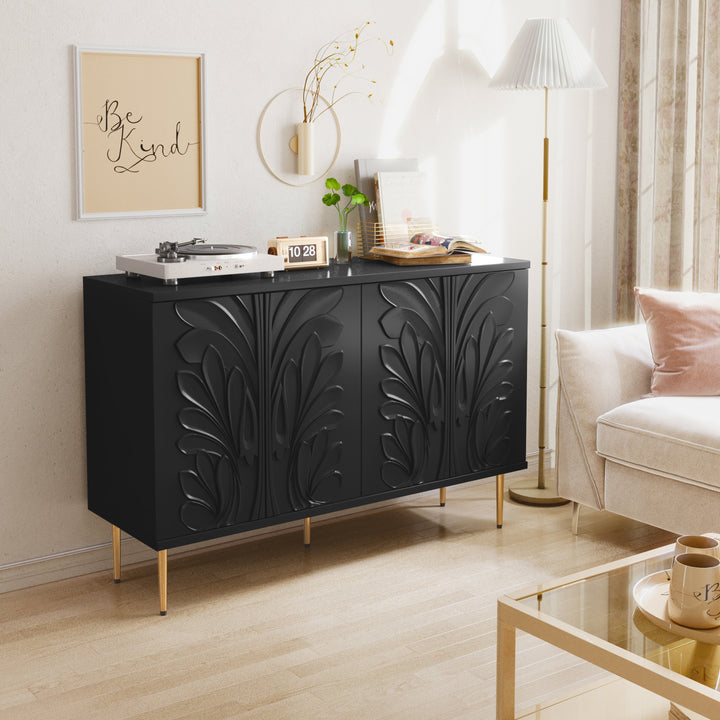 HLR® 47.24''W Modern Credenza Sideboard – 4-Door 3D Floral Design Storage Cabinet for Dining & Kitchen
