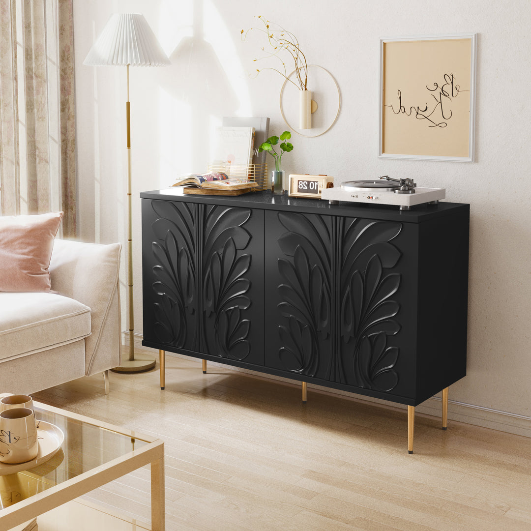 HLR® 47.24''W Modern Credenza Sideboard – 4-Door 3D Floral Design Storage Cabinet for Dining & Kitchen