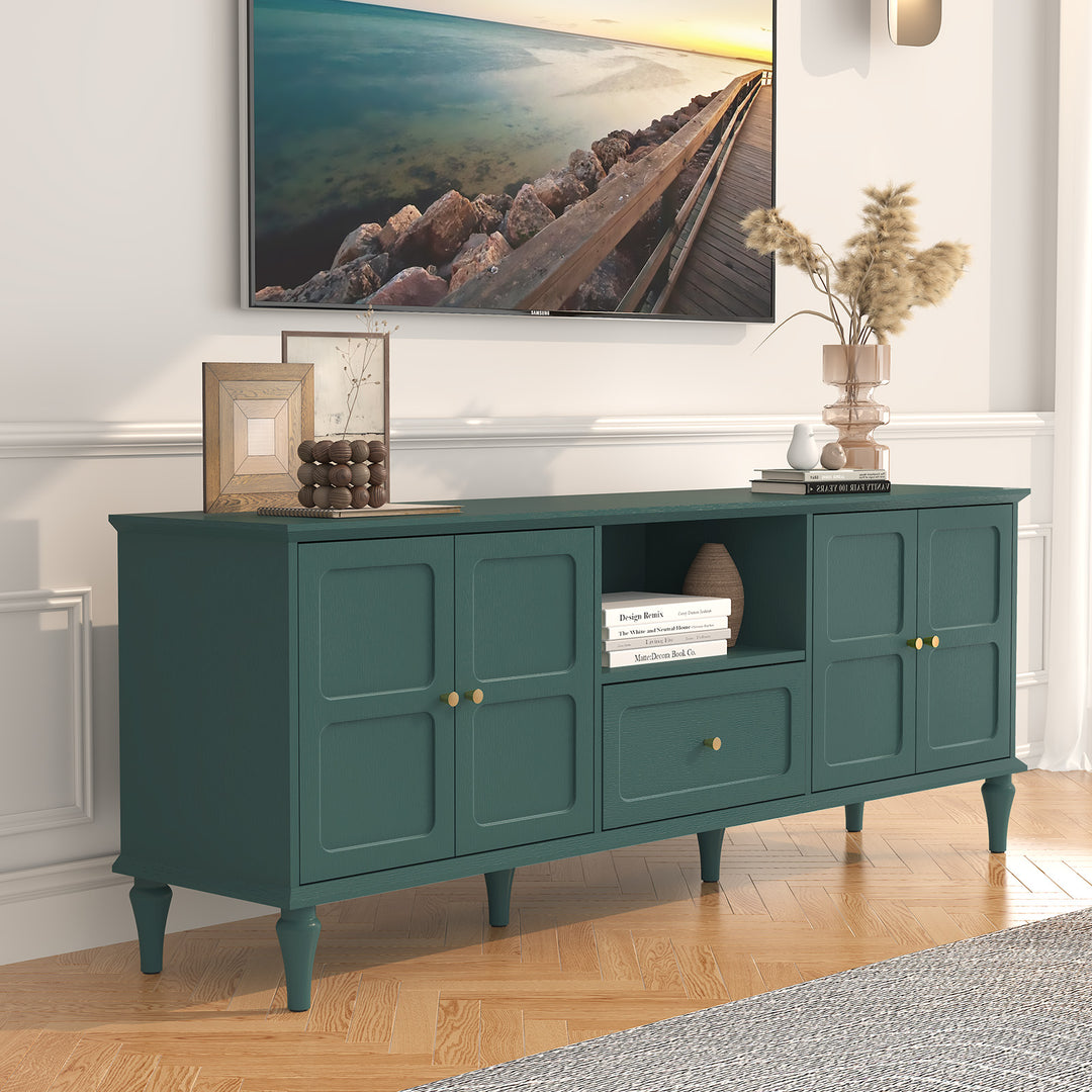 HLR® 67"Mid-Century Modern TV Stand for 75" TVs – Retro Walnut Media Console with 3 Doors, 2 Drawers & Adjustable Shelves