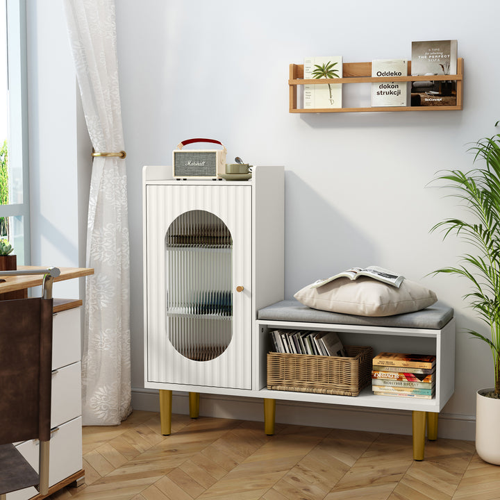 HLR® Modern Shoe Cabinet Bench – Glass Door, Shelf & Padded Seat – Multifunctional Storage for Entryway & Hallway