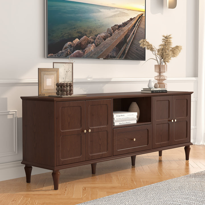 HLR® 67"Mid-Century Modern TV Stand for 75" TVs – Retro Walnut Media Console with 3 Doors, 2 Drawers & Adjustable Shelves