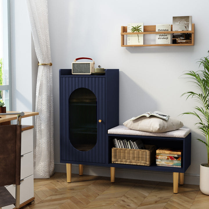 HLR® Modern Shoe Cabinet Bench – Glass Door, Shelf & Padded Seat – Multifunctional Storage for Entryway & Hallway
