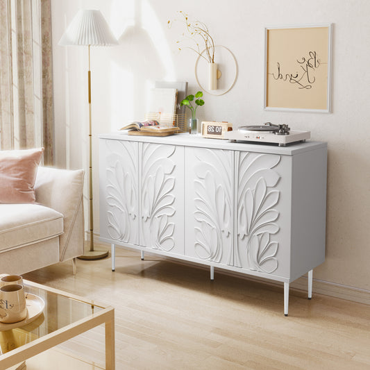 HLR® 47.24''W Modern Credenza Sideboard – 4-Door 3D Floral Design Storage Cabinet for Dining & Kitchen