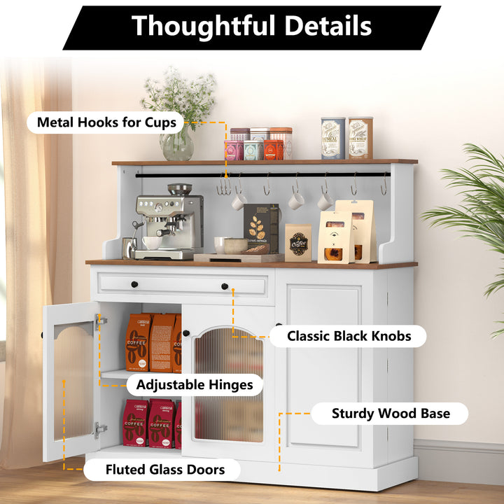 HLR® 48" Farmhouse-Style Kitchen Pantry with Glass Doors & Drawer – Wood Coffee Bar Cabinet with Microwave Hutch for Living & Dining Rooms