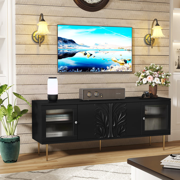 HLR® 75" Mid Century Modern TV Stand – 3D Flower Pattern Wood Entertainment Center with Fluted Glass Doors & Storage – Media Console for Living Room