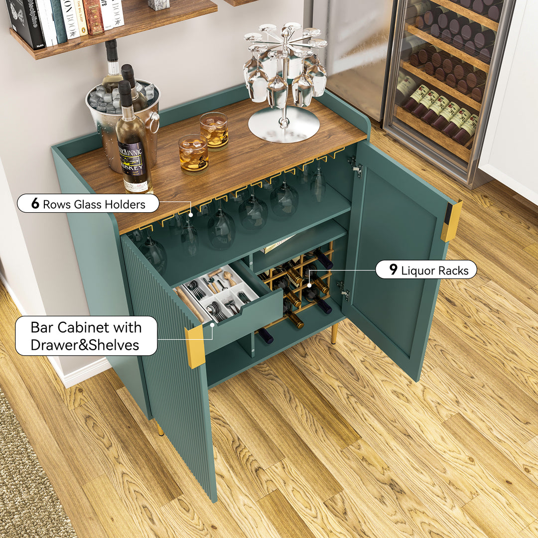 HLR® Coffee Bar Cabinet with Wine Racks – Fluted Texture Liquor Cabinet Modern Sideboard Buffet for Kitchen, Dining & Living Room
