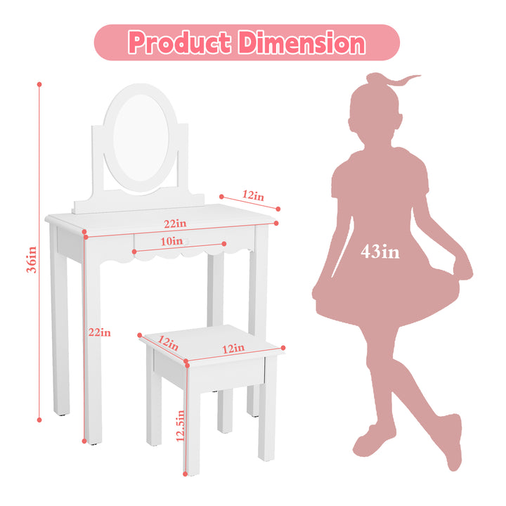 HLR® Princess 2-in-1 Wooden Kids Vanity Set with Detachable Mirror, Drawer & Stool – Pretend Play Makeup Desk for Girls Ages 3+