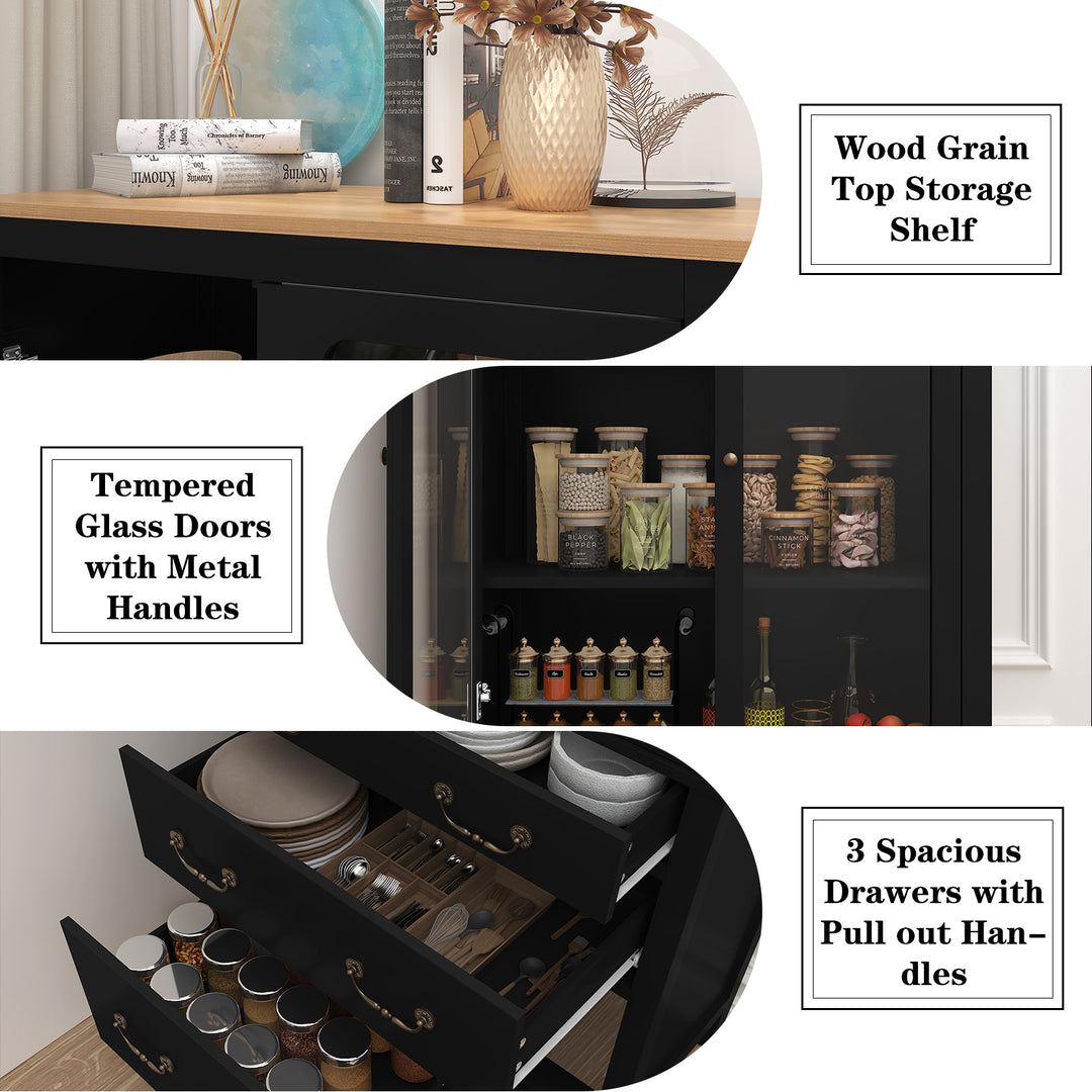 HLR® White Freestanding Tall Pantry Cabinet – Tempered Glass Doors & Adjustable Shelves – Storage for Kitchen & Dining Rooms