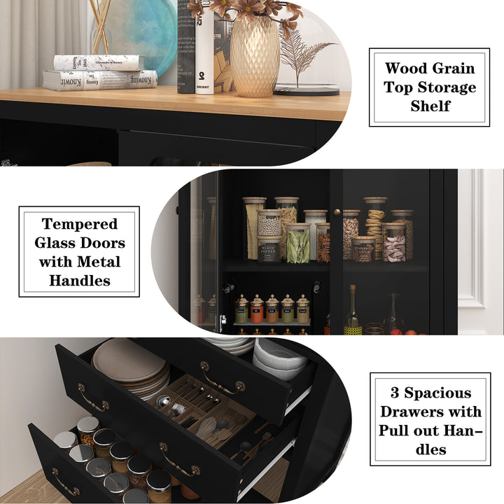 HLR® White Freestanding Tall Pantry Cabinet – Tempered Glass Doors & Adjustable Shelves – Storage for Kitchen & Dining Rooms