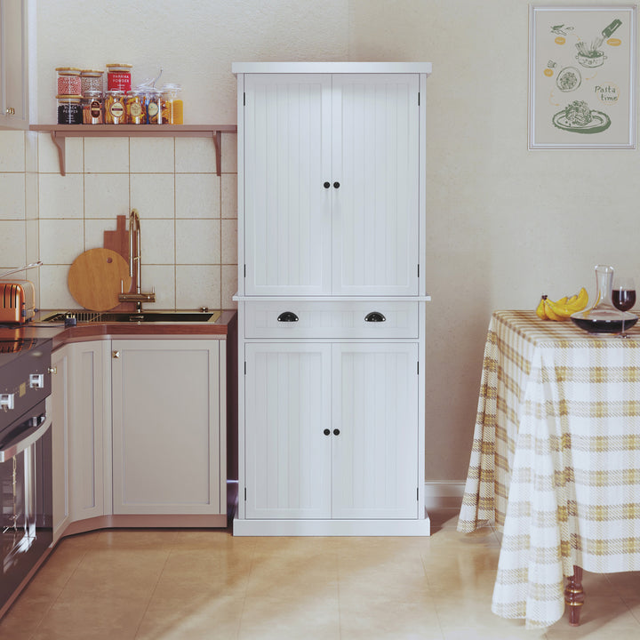 HLR® Classic White Freestanding Pantry Cabinet with Adjustable Shelves & Drawer – Versatile Storage for Kitchen, Bathroom & Hallway