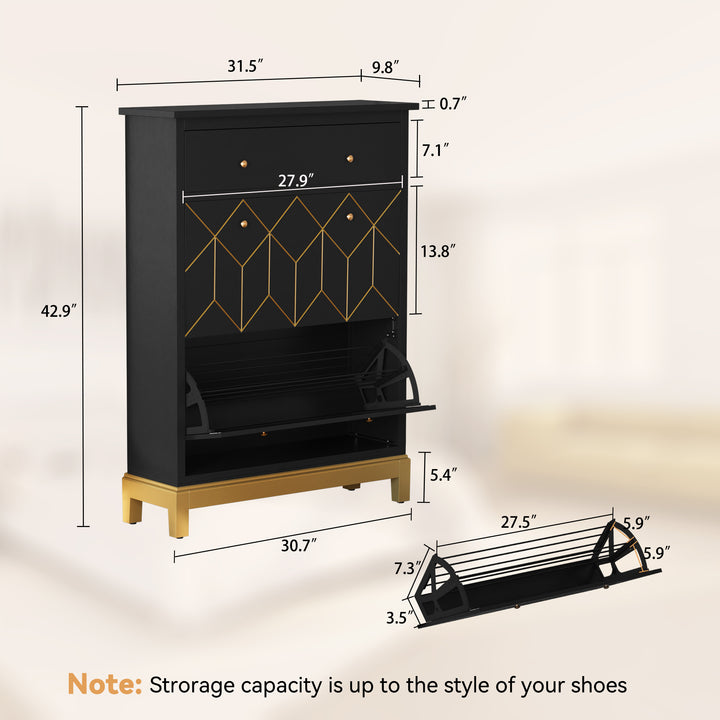 HLR® Space-Saving Hidden Shoe Cabinet – 2 Flip-Doors & 1 Drawer – Compact Storage for Entryway & Front Door
