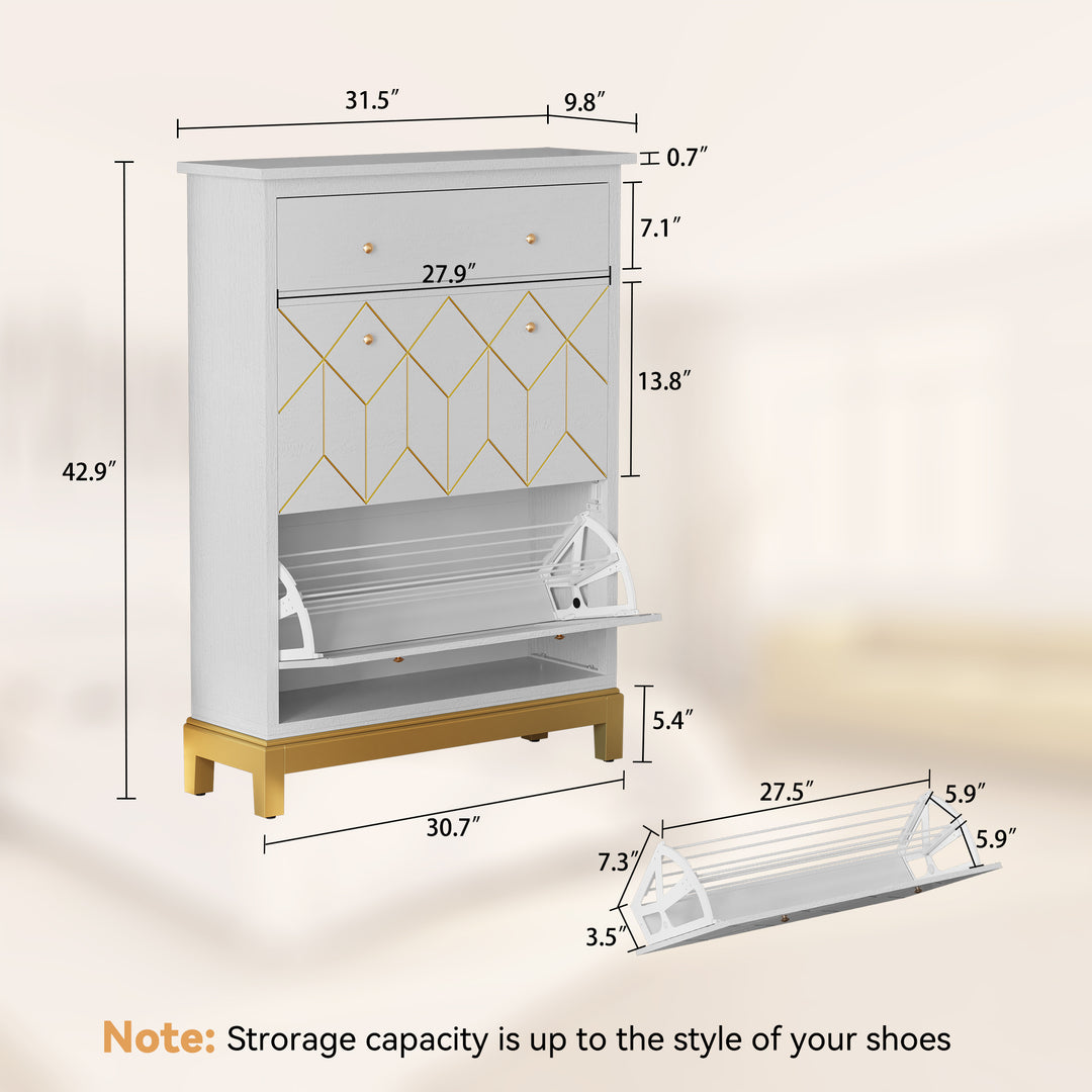 HLR® Space-Saving Hidden Shoe Cabinet – 2 Flip-Doors & 1 Drawer – Compact Storage for Entryway & Front Door