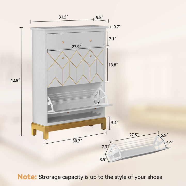HLR® Space-Saving Hidden Shoe Cabinet – 2 Flip-Doors & 1 Drawer – Compact Storage for Entryway & Front Door