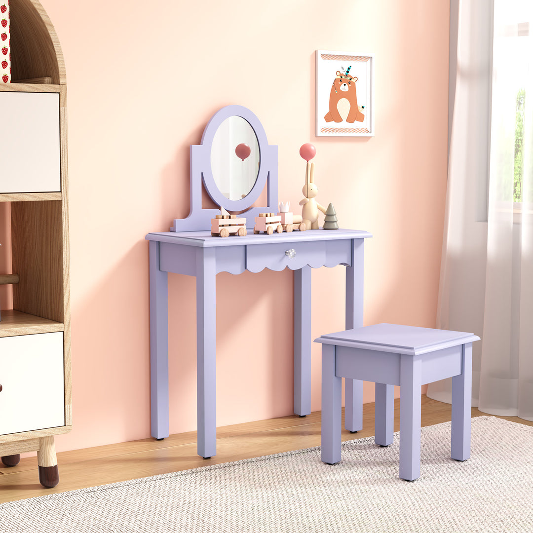 HLR® Princess 2-in-1 Wooden Kids Vanity Set with Detachable Mirror, Drawer & Stool – Pretend Play Makeup Desk for Girls Ages 3+