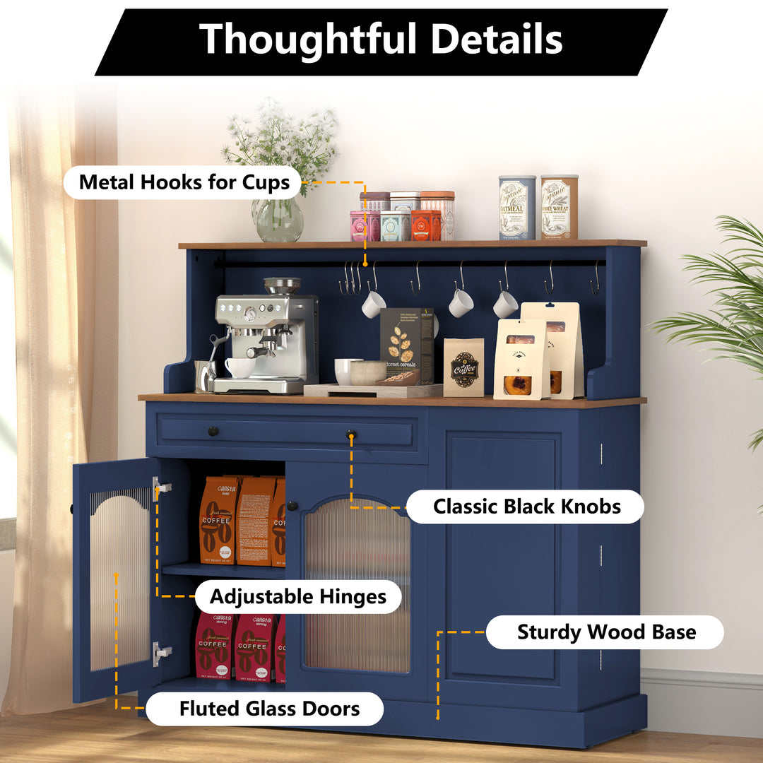 HLR® 48" Farmhouse-Style Kitchen Pantry with Glass Doors & Drawer – Wood Coffee Bar Cabinet with Microwave Hutch for Living & Dining Rooms