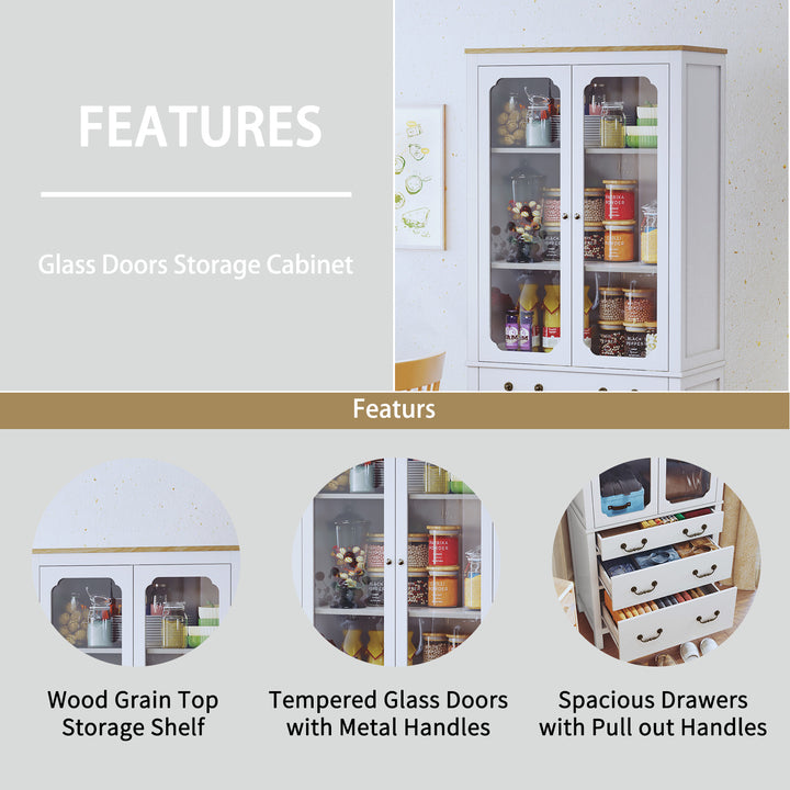 HLR® White Freestanding Tall Pantry Cabinet – Tempered Glass Doors & Adjustable Shelves – Storage for Kitchen & Dining Rooms
