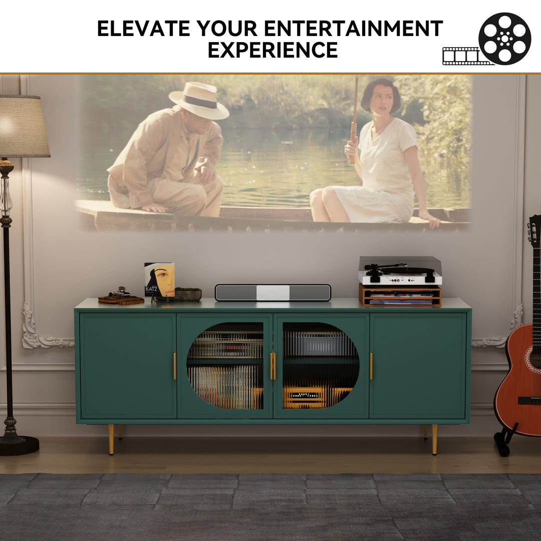 HLR® Modern TV Stand for TVs Up to 70" with Glass-Door Console & Gold Legs – Wooden Entertainment Center for Living & Bedroom