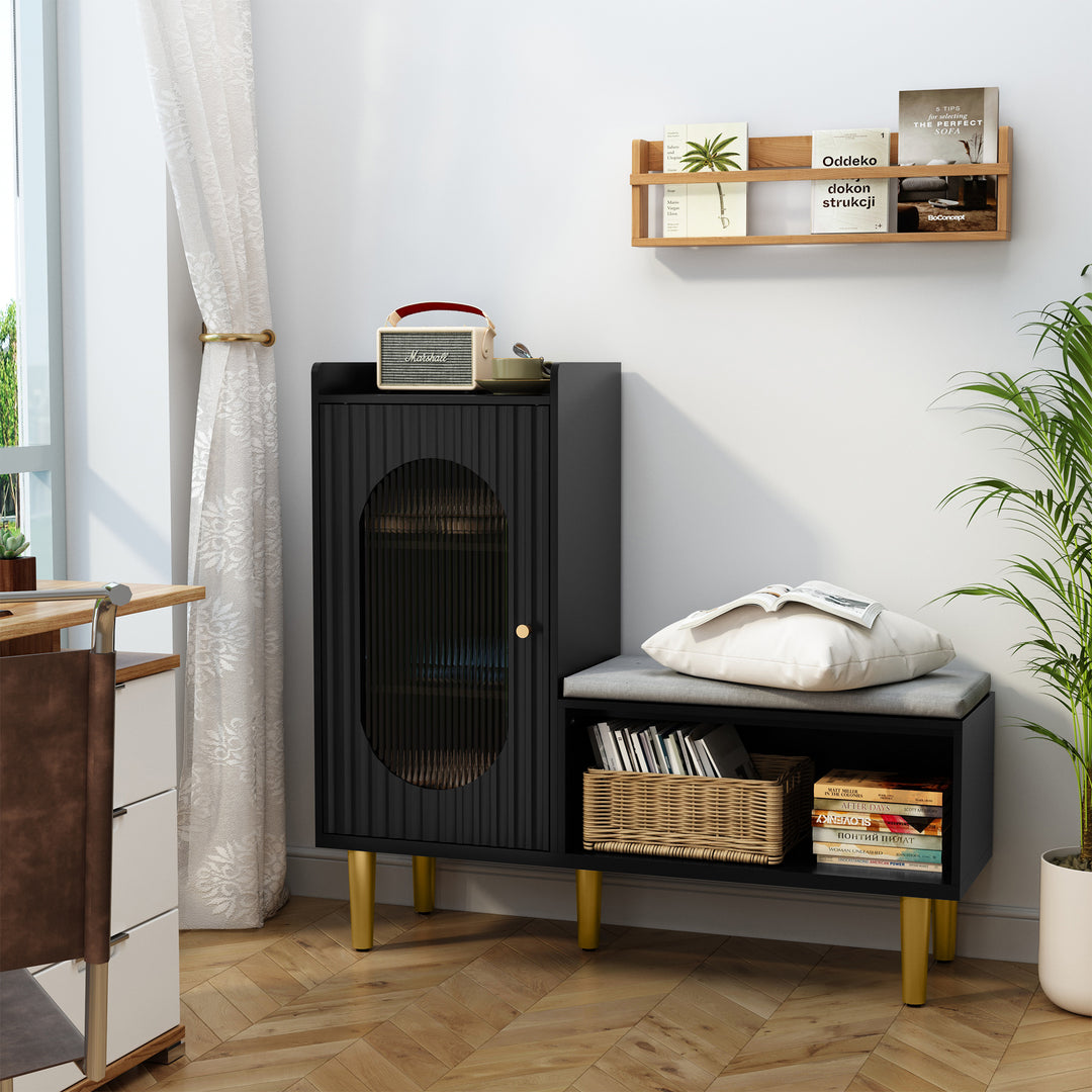 HLR® Modern Shoe Cabinet Bench – Glass Door, Shelf & Padded Seat – Multifunctional Storage for Entryway & Hallway