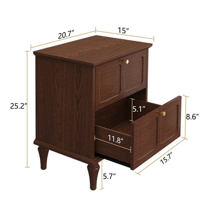 HLR® Mid-Century Modern Brown Nightstand – 2-Drawer Solid Wood End Table with Storage for Bedroom (Tapered Legs)