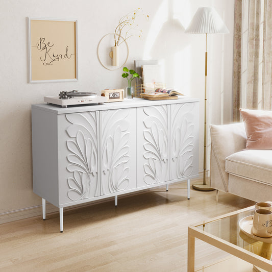 HLR® 47.24''W Modern Credenza Sideboard – 4-Door 3D Floral Design Storage Cabinet for Dining & Kitchen