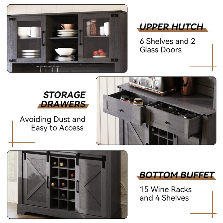 HLR® Wine Bar Buffet Cabinet – Sliding Barn Door, Drawers & Wine/Glass Rack – Stylish Storage for Dining Room