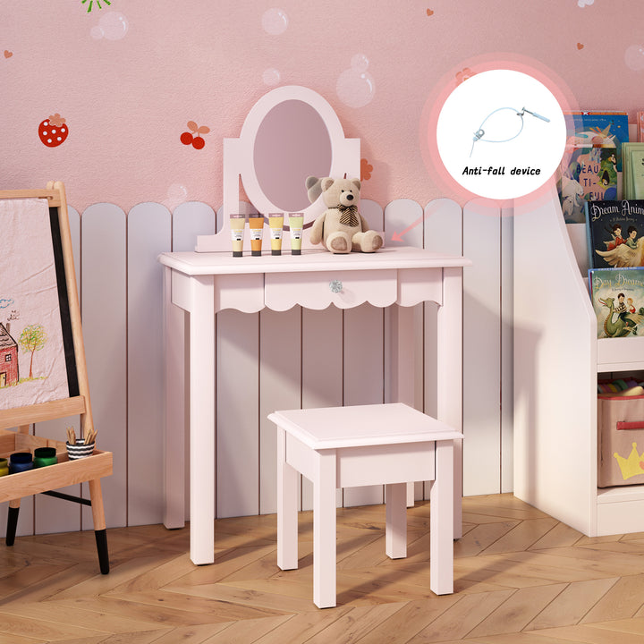 HLR® Princess 2-in-1 Wooden Kids Vanity Set with Detachable Mirror, Drawer & Stool – Pretend Play Makeup Desk for Girls Ages 3+