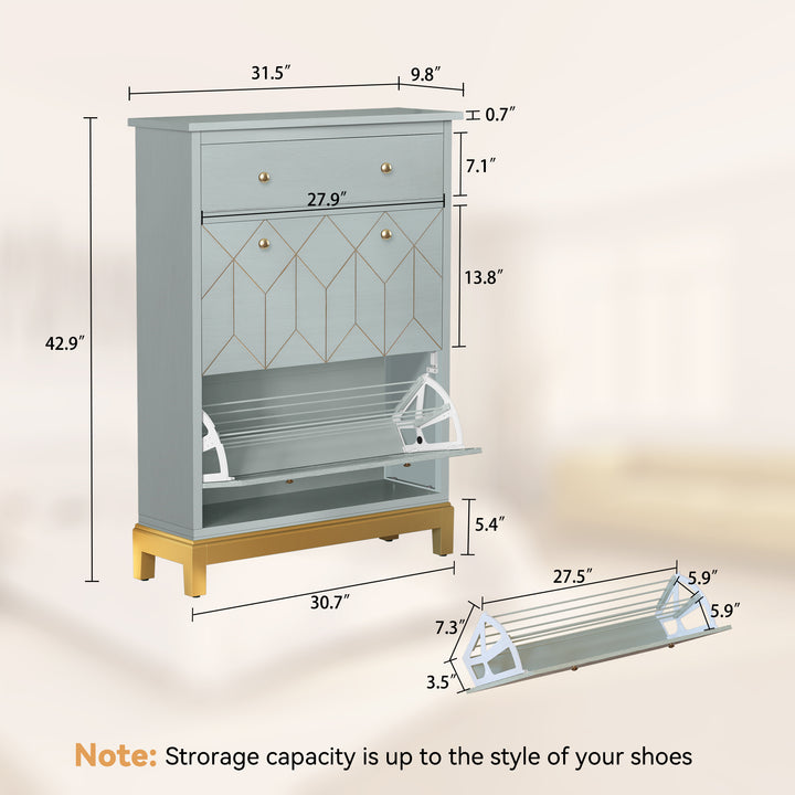 HLR® Space-Saving Hidden Shoe Cabinet – 2 Flip-Doors & 1 Drawer – Compact Storage for Entryway & Front Door