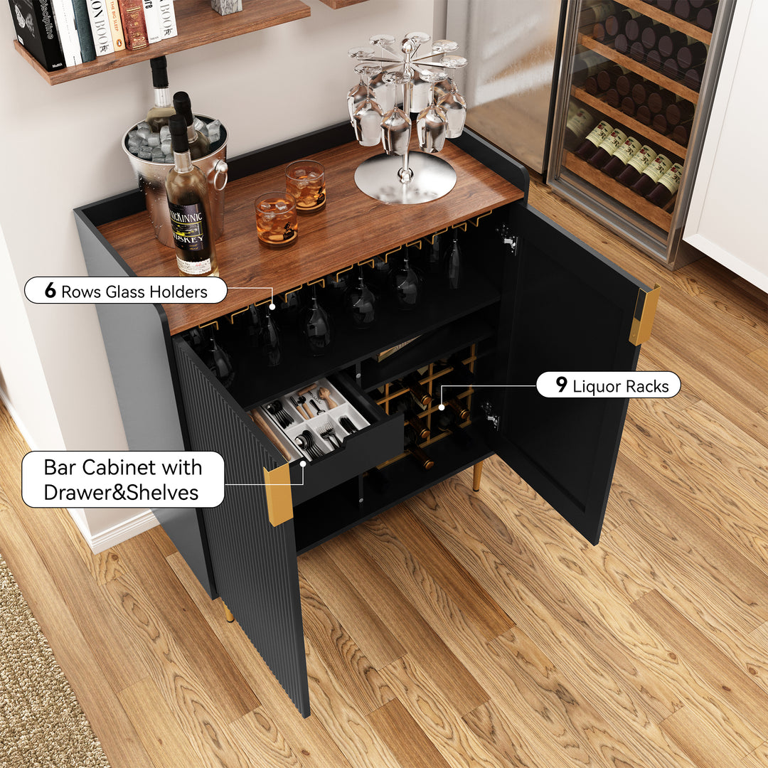 HLR® Coffee Bar Cabinet with Wine Racks – Fluted Texture Liquor Cabinet Modern Sideboard Buffet for Kitchen, Dining & Living Room