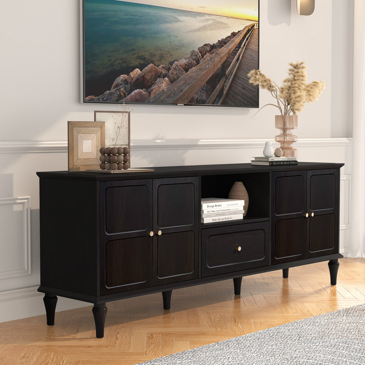 HLR® 67"Mid-Century Modern TV Stand for 75" TVs – Retro Walnut Media Console with 3 Doors, 2 Drawers & Adjustable Shelves