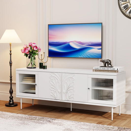HLR® 75" Mid Century Modern TV Stand – 3D Flower Pattern Wood Entertainment Center with Fluted Glass Doors & Storage – Media Console for Living Room
