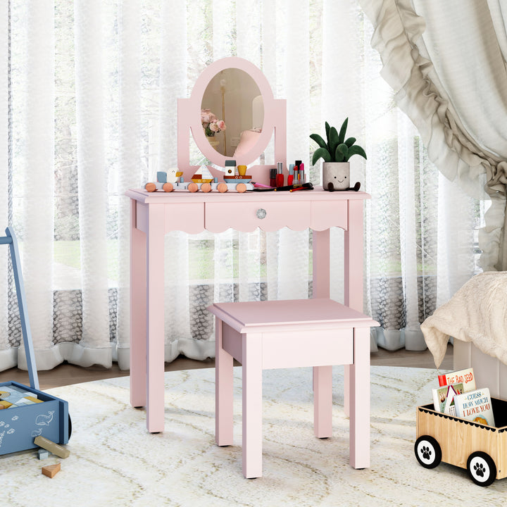HLR® Princess 2-in-1 Wooden Kids Vanity Set with Detachable Mirror, Drawer & Stool – Pretend Play Makeup Desk for Girls Ages 3+