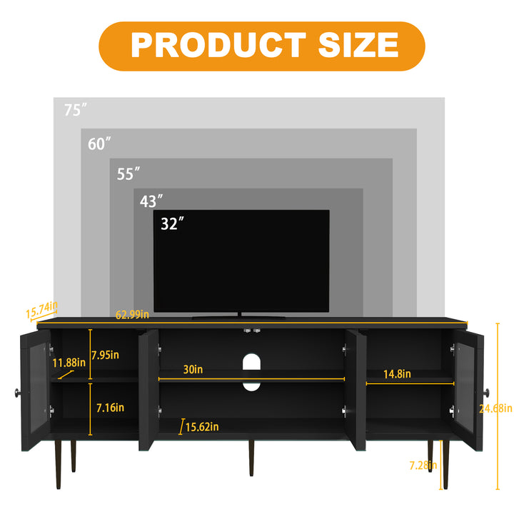 HLR® 75" Mid Century Modern TV Stand – 3D Flower Pattern Wood Entertainment Center with Fluted Glass Doors & Storage – Media Console for Living Room