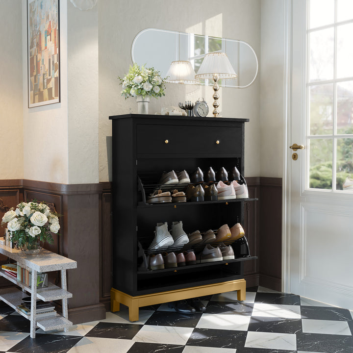 HLR® Space-Saving Hidden Shoe Cabinet – 2 Flip-Doors & 1 Drawer – Compact Storage for Entryway & Front Door