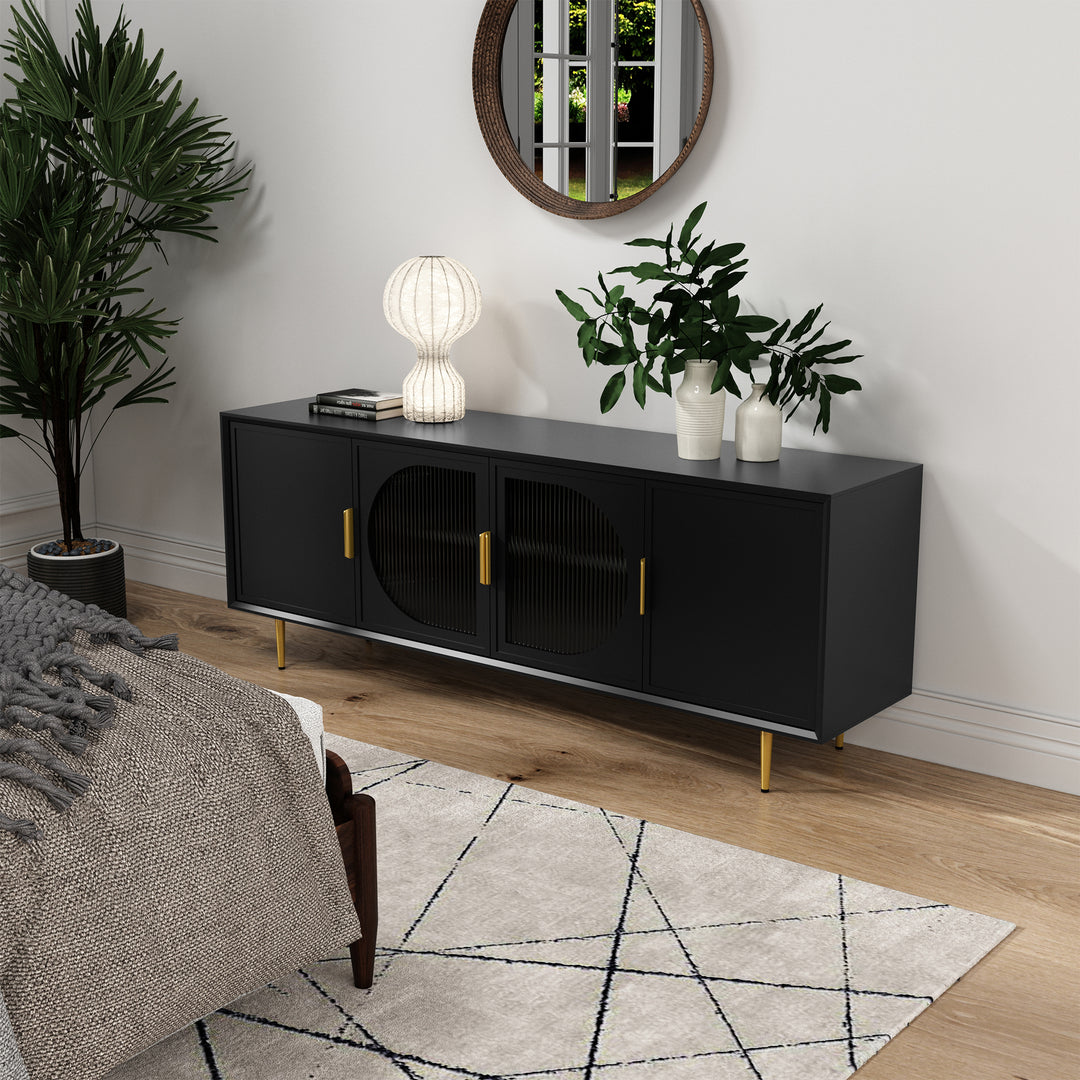 HLR® Modern TV Stand for TVs Up to 70" with Glass-Door Console & Gold Legs – Wooden Entertainment Center for Living & Bedroom
