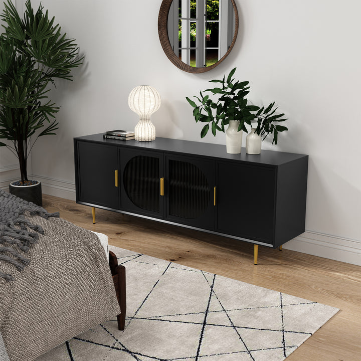 HLR® Modern TV Stand for TVs Up to 70" with Glass-Door Console & Gold Legs – Wooden Entertainment Center for Living & Bedroom