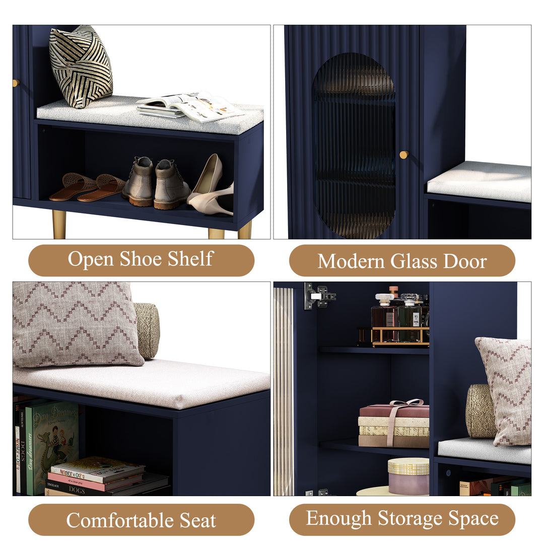 HLR® Modern Shoe Cabinet Bench – Glass Door, Shelf & Padded Seat – Multifunctional Storage for Entryway & Hallway