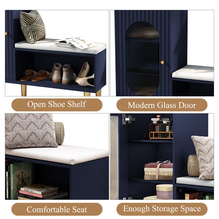 HLR® Modern Shoe Cabinet Bench – Glass Door, Shelf & Padded Seat – Multifunctional Storage for Entryway & Hallway