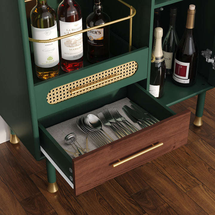 HLR® Modern Green Coffee Bar & Liquor Cabinet – Pull-Out Wine Storage, Wine Glass Rack & Drawers – Versatile Storage for Kitchen, Dining & Living Room