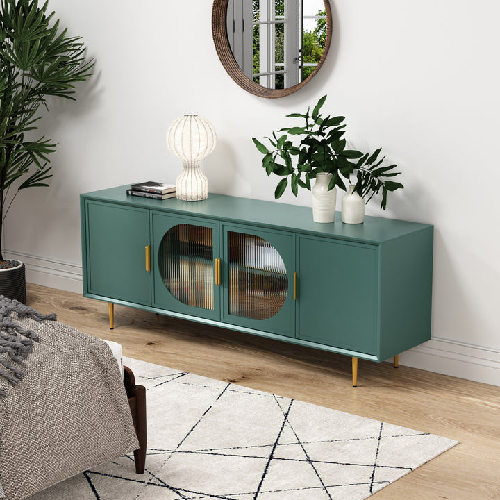 HLR® Modern TV Stand for TVs Up to 70" with Glass-Door Console & Gold Legs – Wooden Entertainment Center for Living & Bedroom