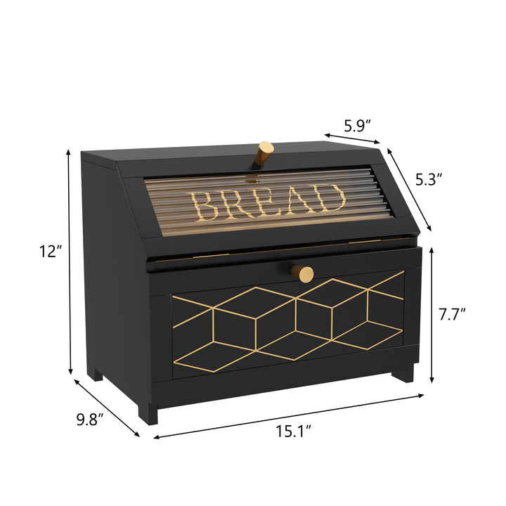 HLR® Double Layer Wooden Bread Box with Golden Trim – Space-Saving Corner Design – Countertop Kitchen Storage
